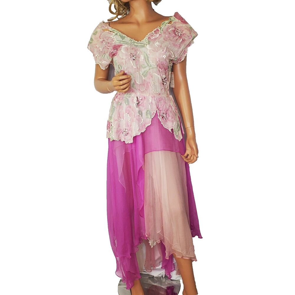 Vtg Floral Chiffon Silk Fairy Dress Sheer Skirt NOS Beaded Cutwork RARE! READ S